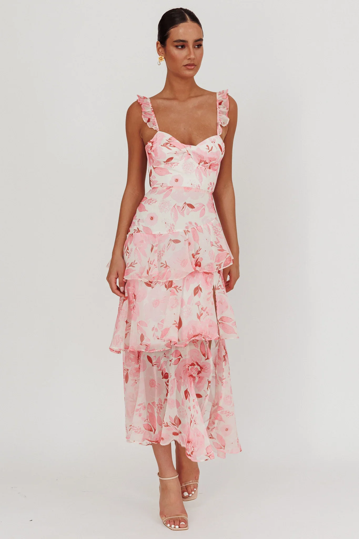 Veda Strappy Back Ruffle Maxi Dress Flowers Blush - luluinthesky