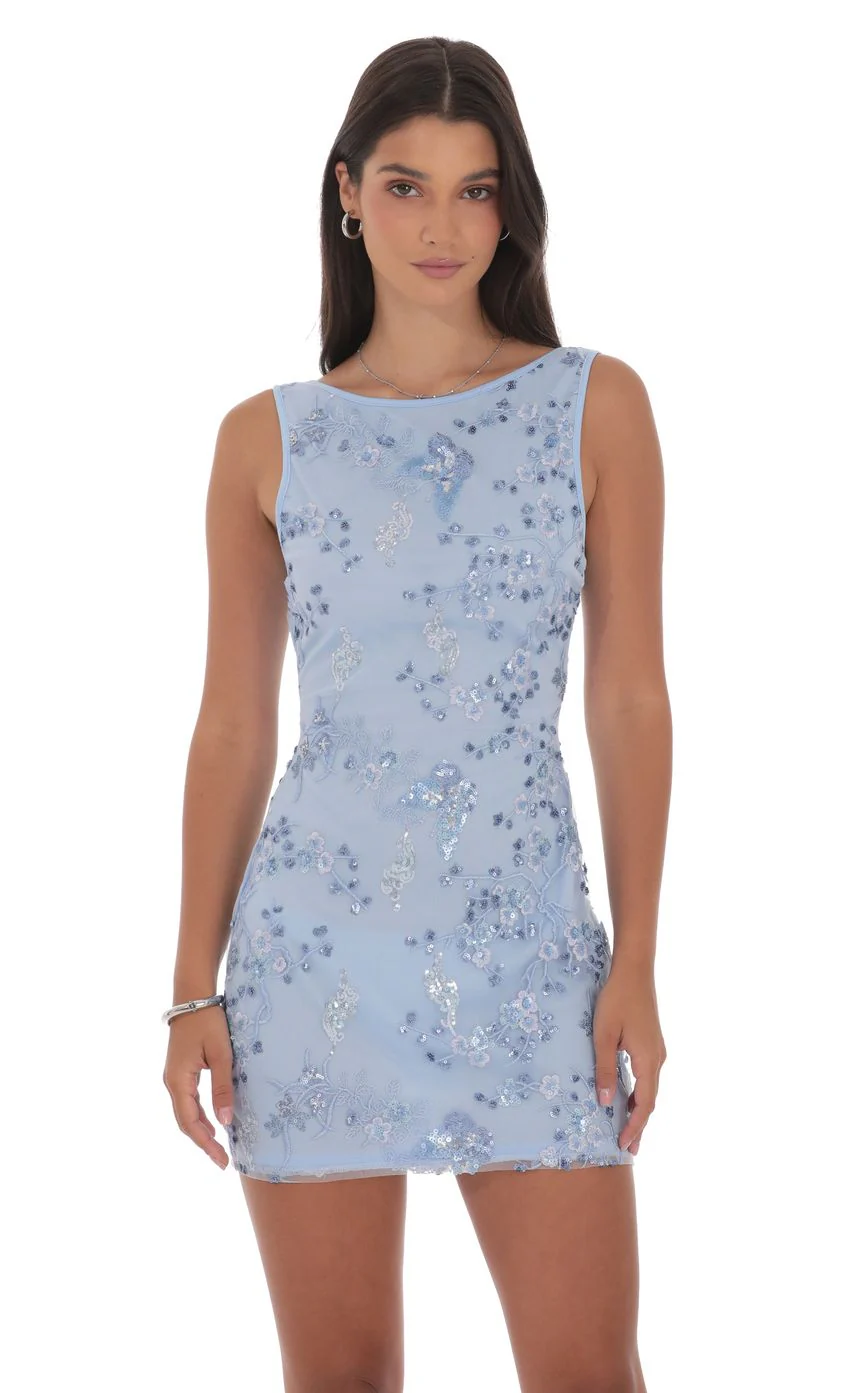 High Neck Floral Bodycon Dress in Light Blue - luluinthesky