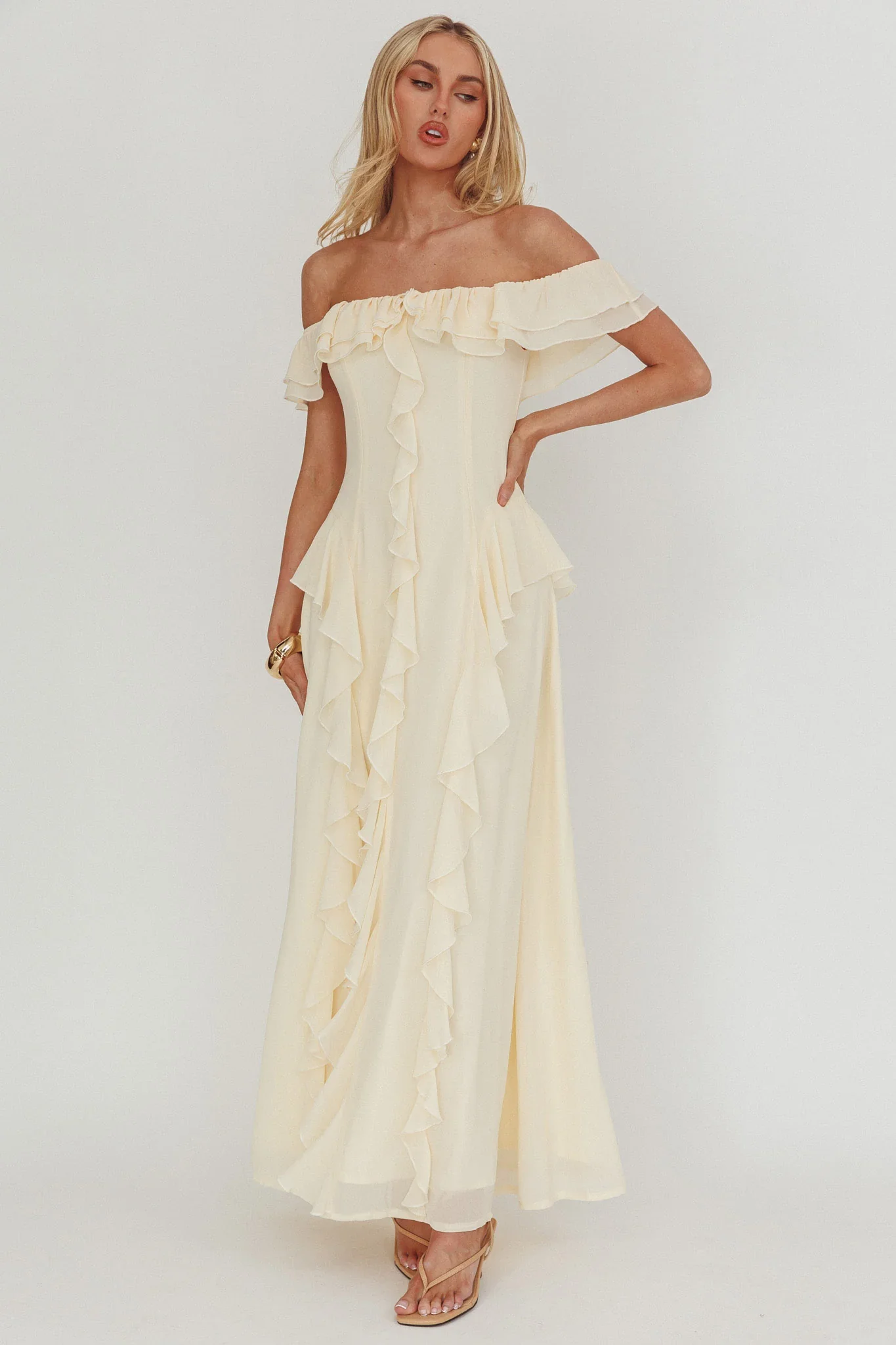 Scarlet Off-Shoulder Ruffle Trim Maxi Dress Butter - luluinthesky
