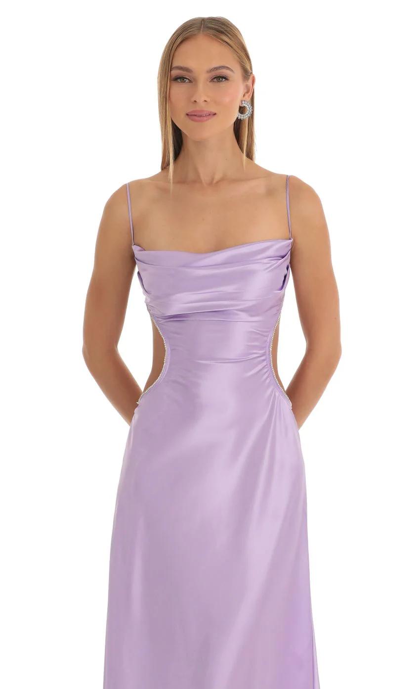 Satin Rhinestone Maxi Dress in Purple - luluinthesky