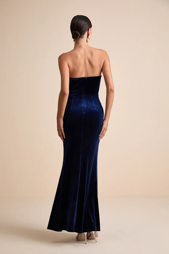 Dramatic Stunner Navy Velvet Bow Strapless Maxi Dress - luluinthesky