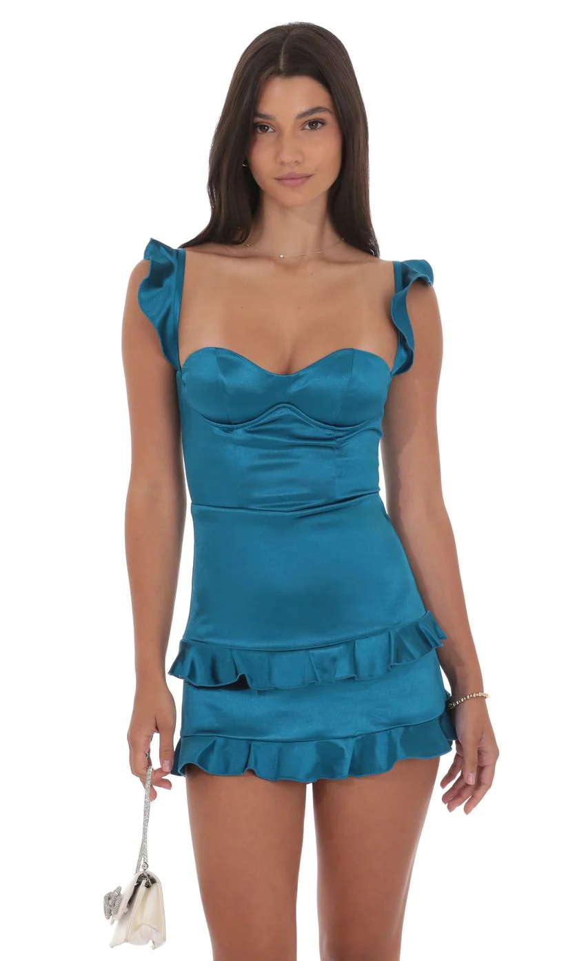 Satin Ruffle Corset Dress in Cobalt - luluinthesky