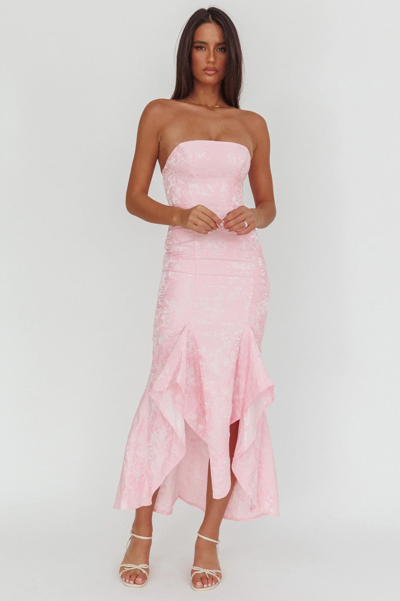 Corin Strapless High-Low Hem Maxi Dress Jacquard Pink - luluinthesky