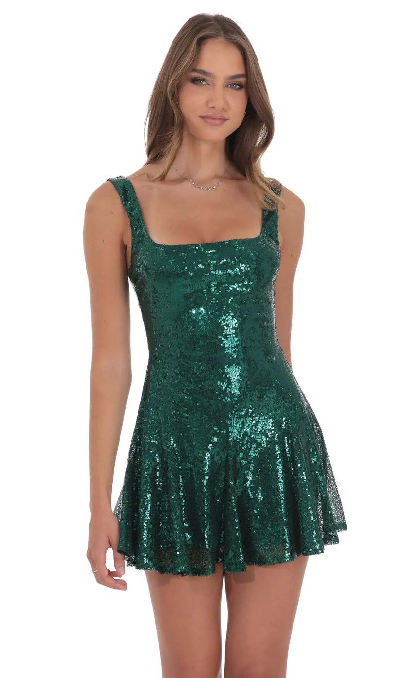 Sequin Skater Dress in Green - luluinthesky