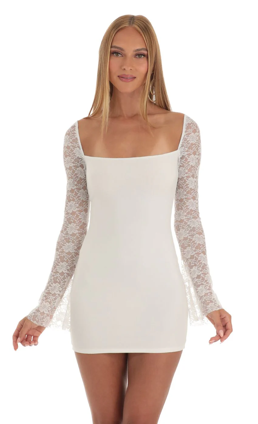 Lace Long Sleeve Dress in White - luluinthesky