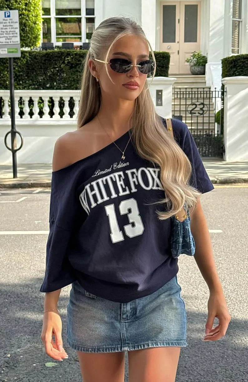 Everything In Time Off Shoulder Oversized Tee Navy - luluinthesky