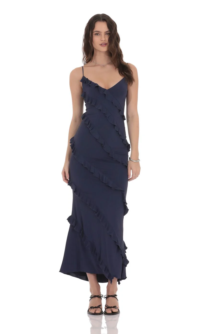 Ruffle V-Neck Maxi Dress in Navy - luluinthesky
