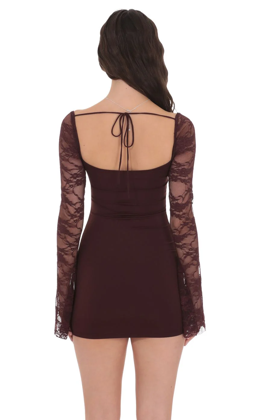 Lace Long Sleeve Bodycon Dress in Brown - luluinthesky