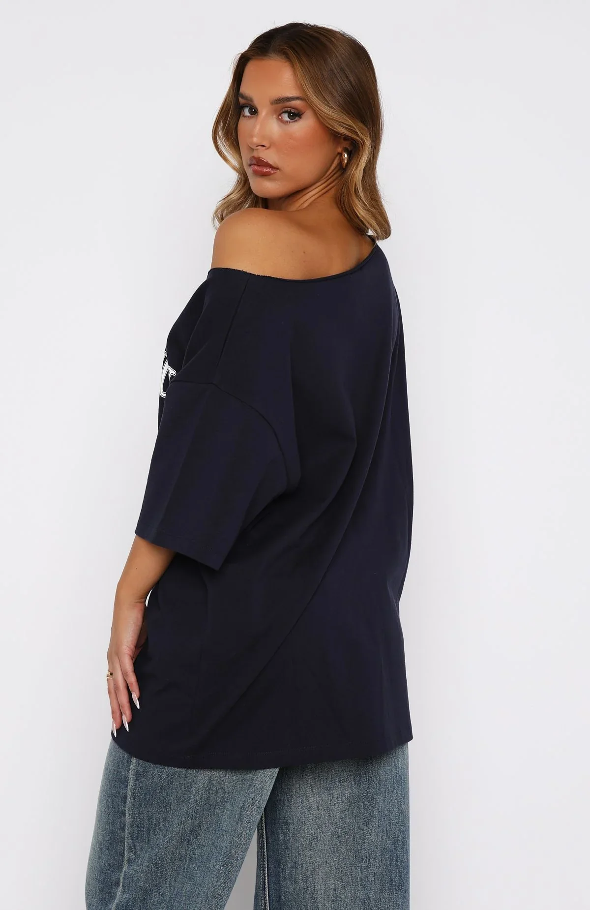Everything In Time Off Shoulder Oversized Tee Navy - luluinthesky