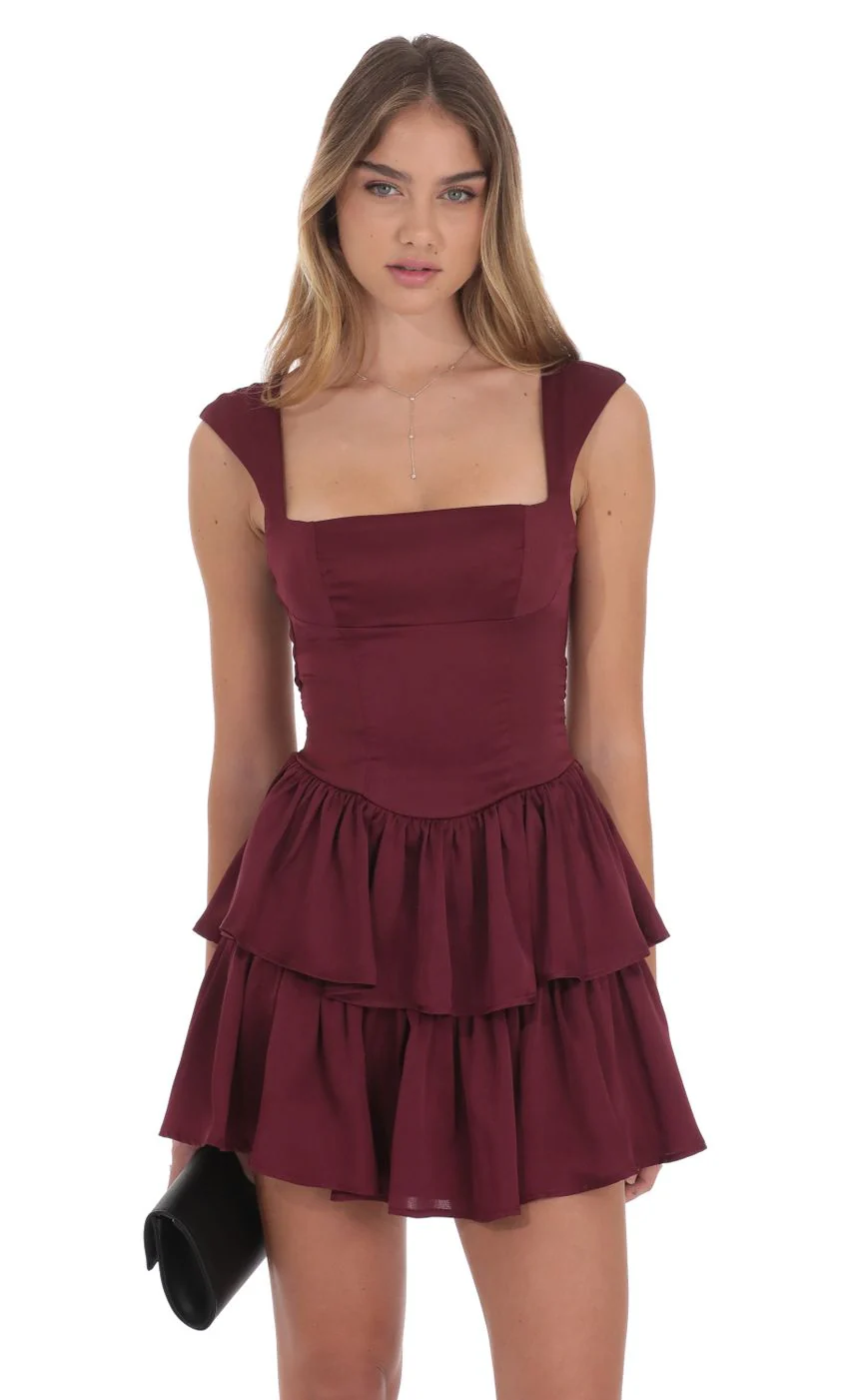 Wide Strap Ruffle Dress in Burgundy - luluinthesky