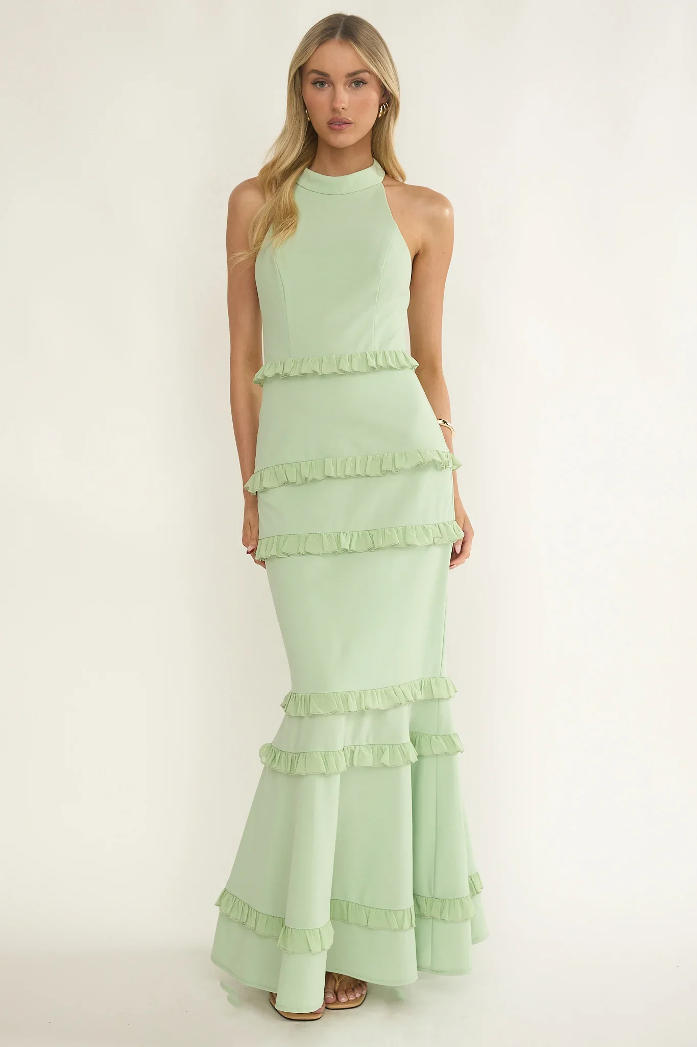 Haze Frill Trim Halterneck Maxi Dress Sage - luluinthesky