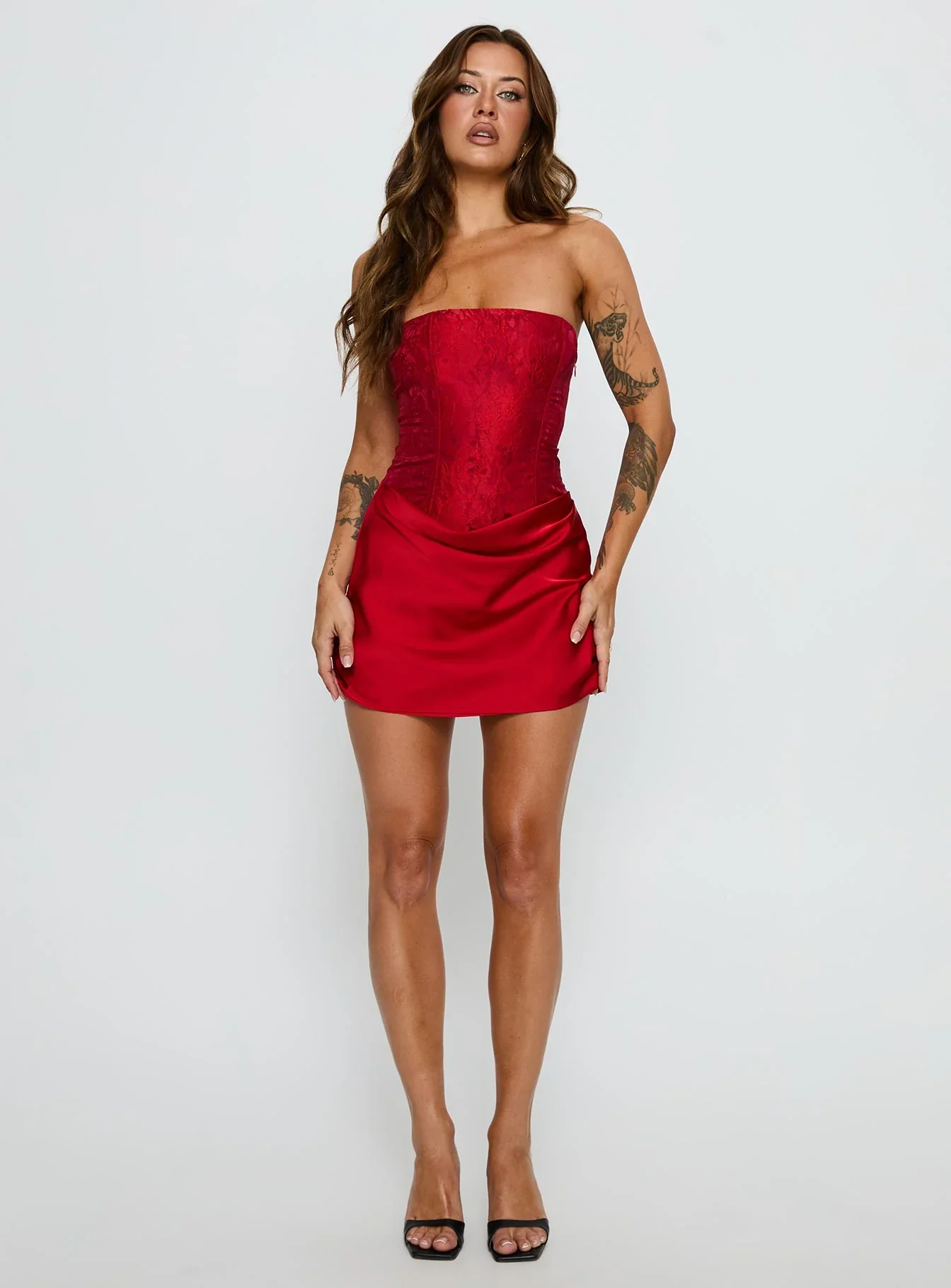 Jenevieve Strapless Drape Mini Dress Red - luluinthesky