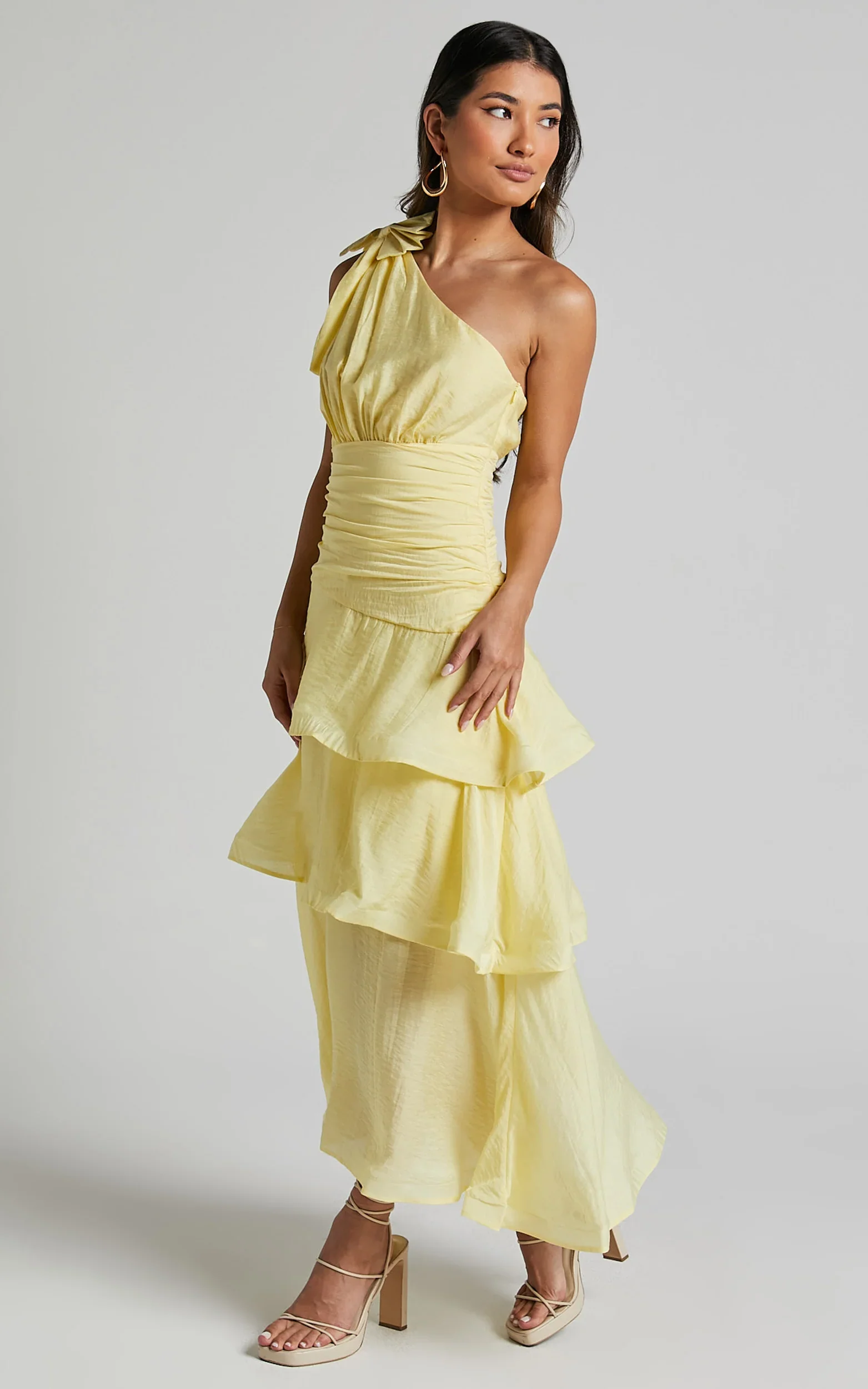 Eugenia Midi Dress One Shoulder Fit and Flare Layered Dress in Yellow - luluinthesky
