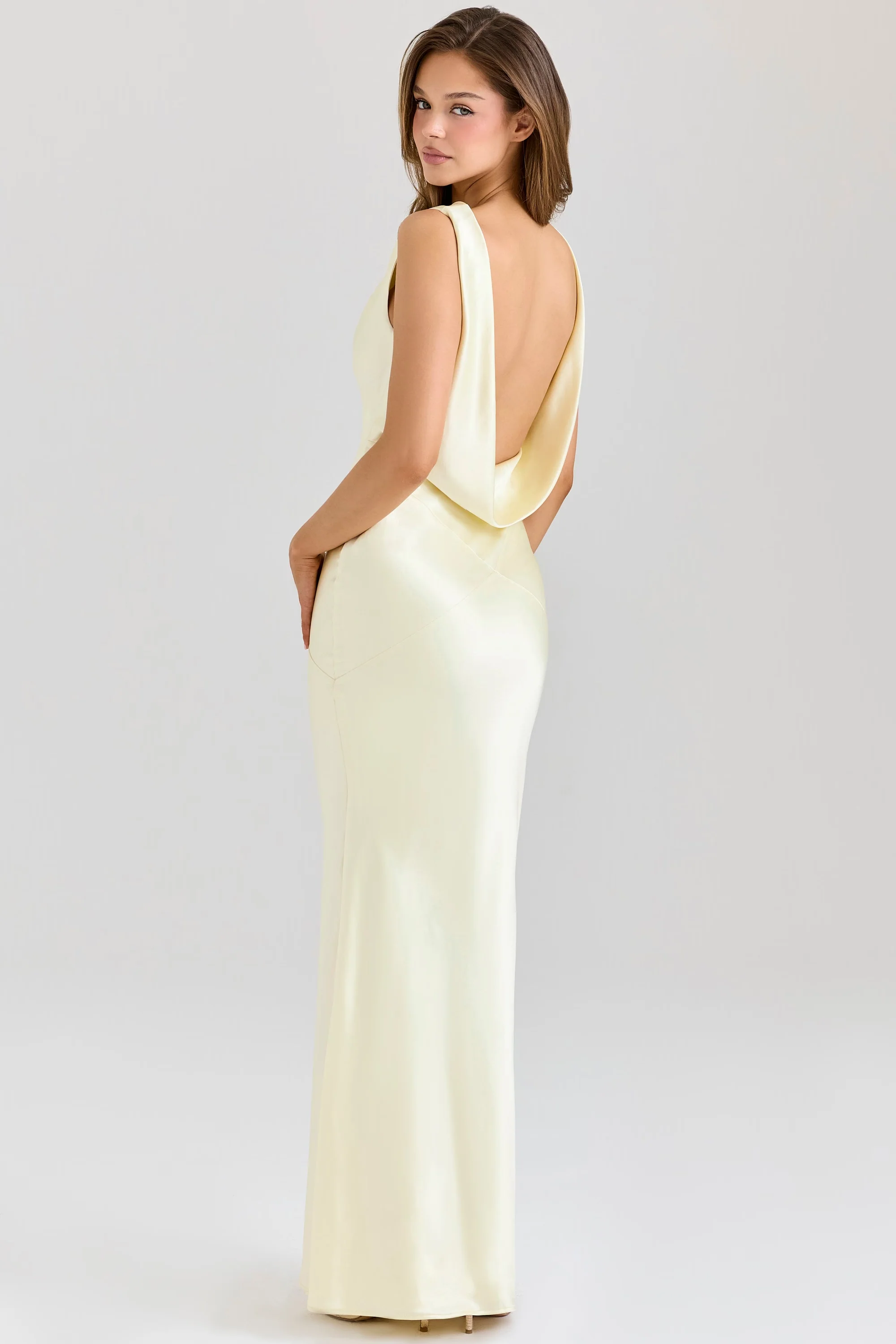 Buttermilk Satin Draped Cowl Neck Maxi Dress - luluinthesky