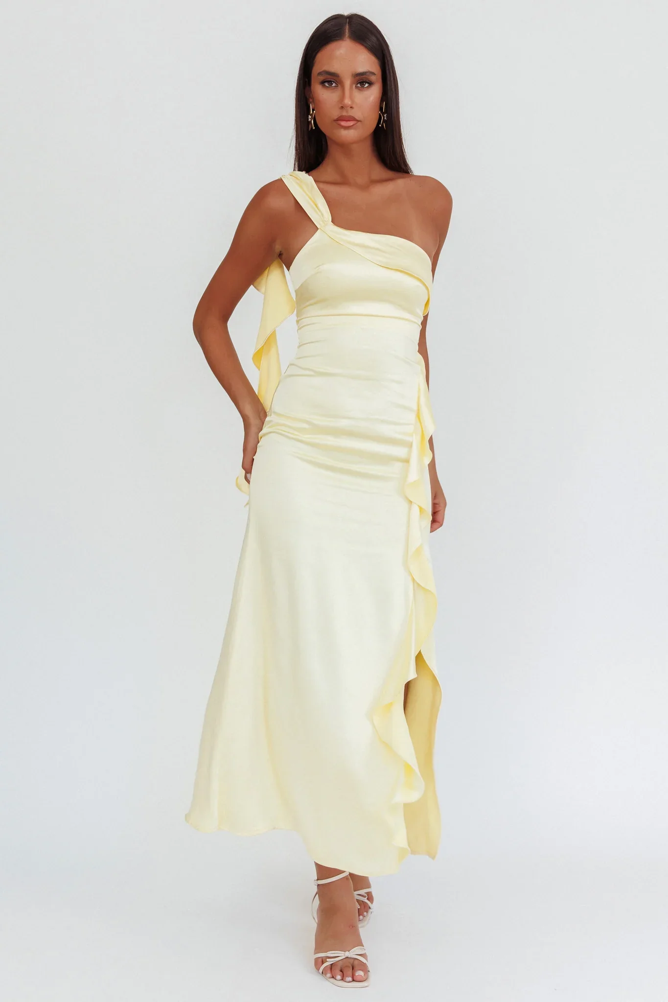 Carmel One-Shoulder Split Maxi Dress Butter - luluinthesky
