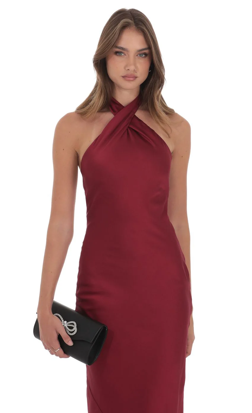 Satin Cross Halter Maxi Dress in Wine - luluinthesky