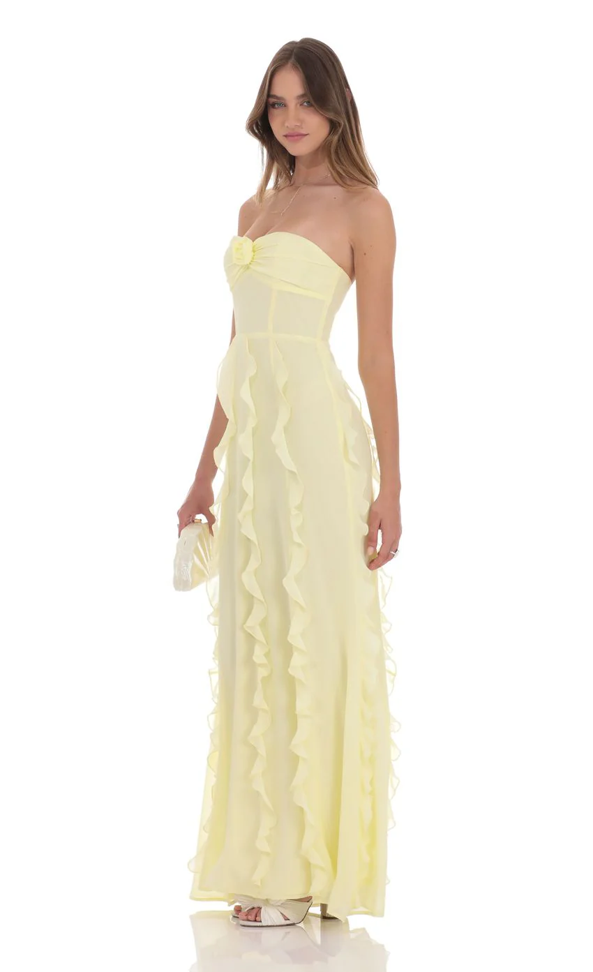 Chiffon Rosette Ruffle Maxi Dress in Yellow - luluinthesky