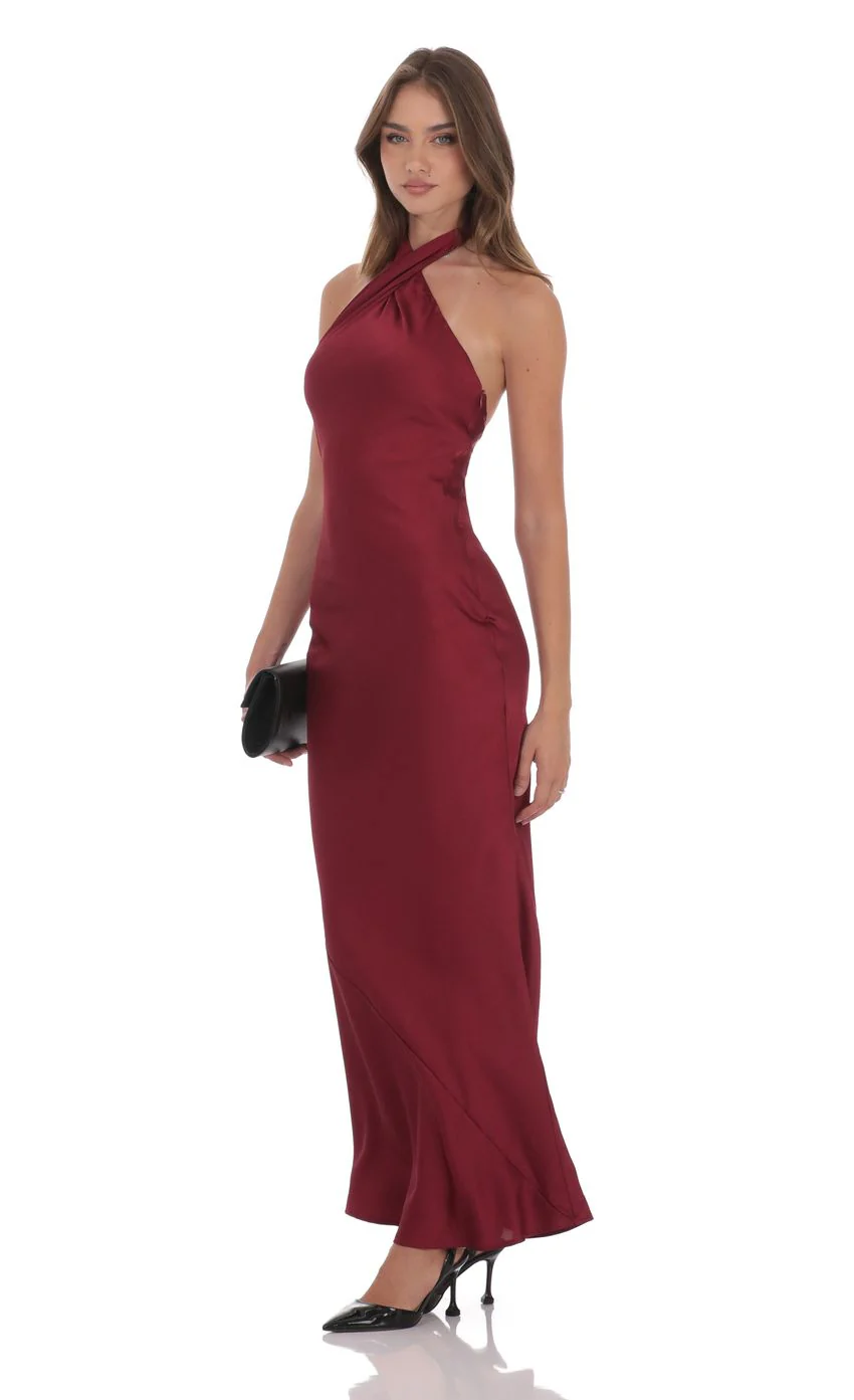 Satin Cross Halter Maxi Dress in Wine - luluinthesky