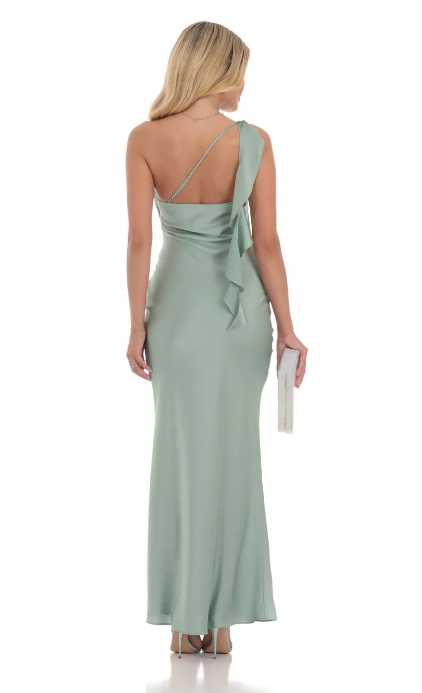 Satin One Shoulder Tassel Maxi Dress in Sage - luluinthesky