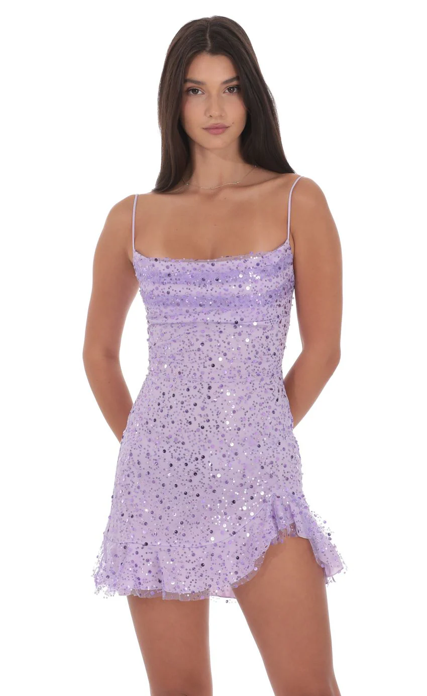 Sequin Beaded Ruffled Slit Dress in Lavender - luluinthesky
