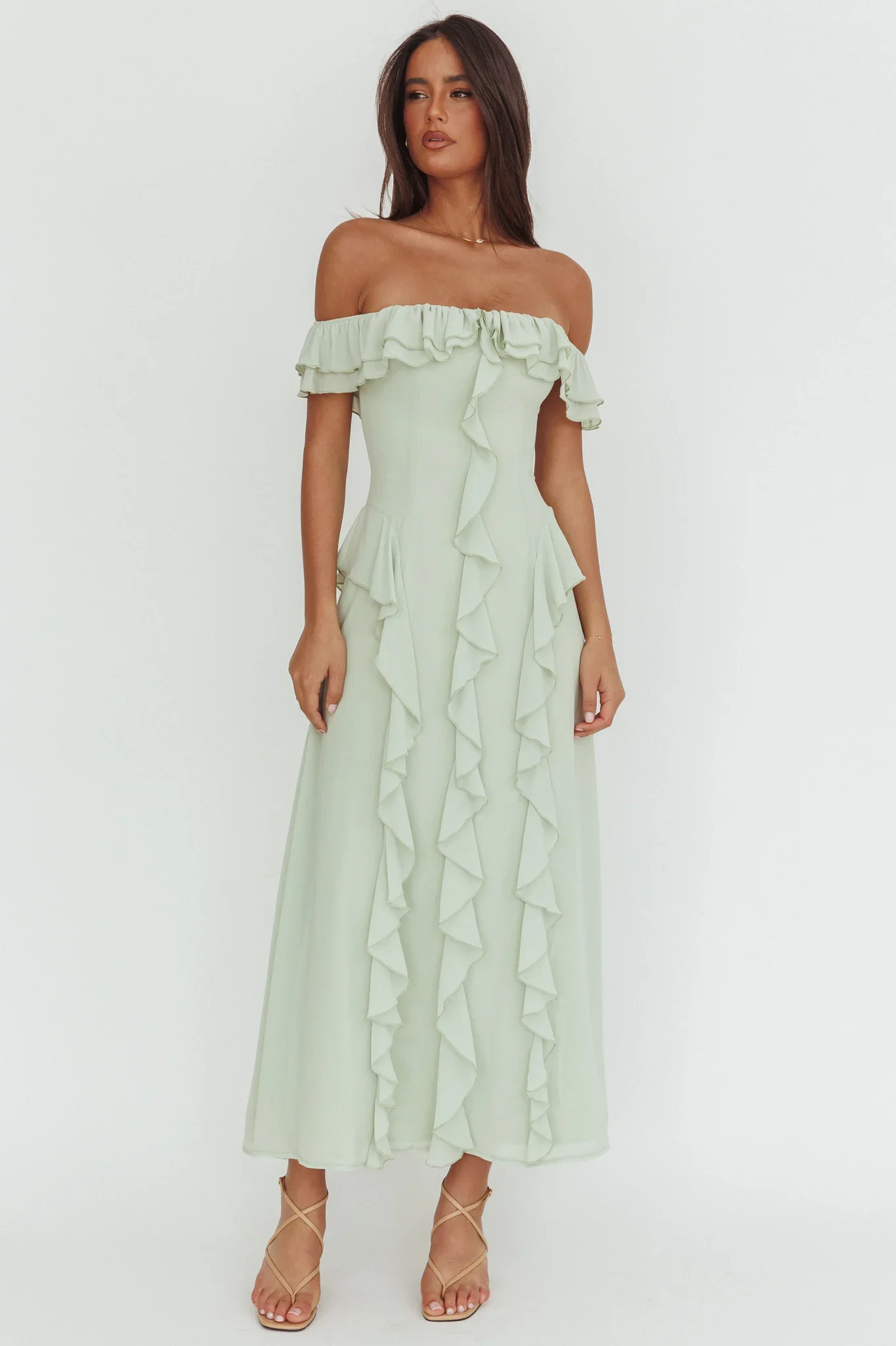 Scarlet Off-Shoulder Ruffle Trim Maxi Dress Sage - luluinthesky