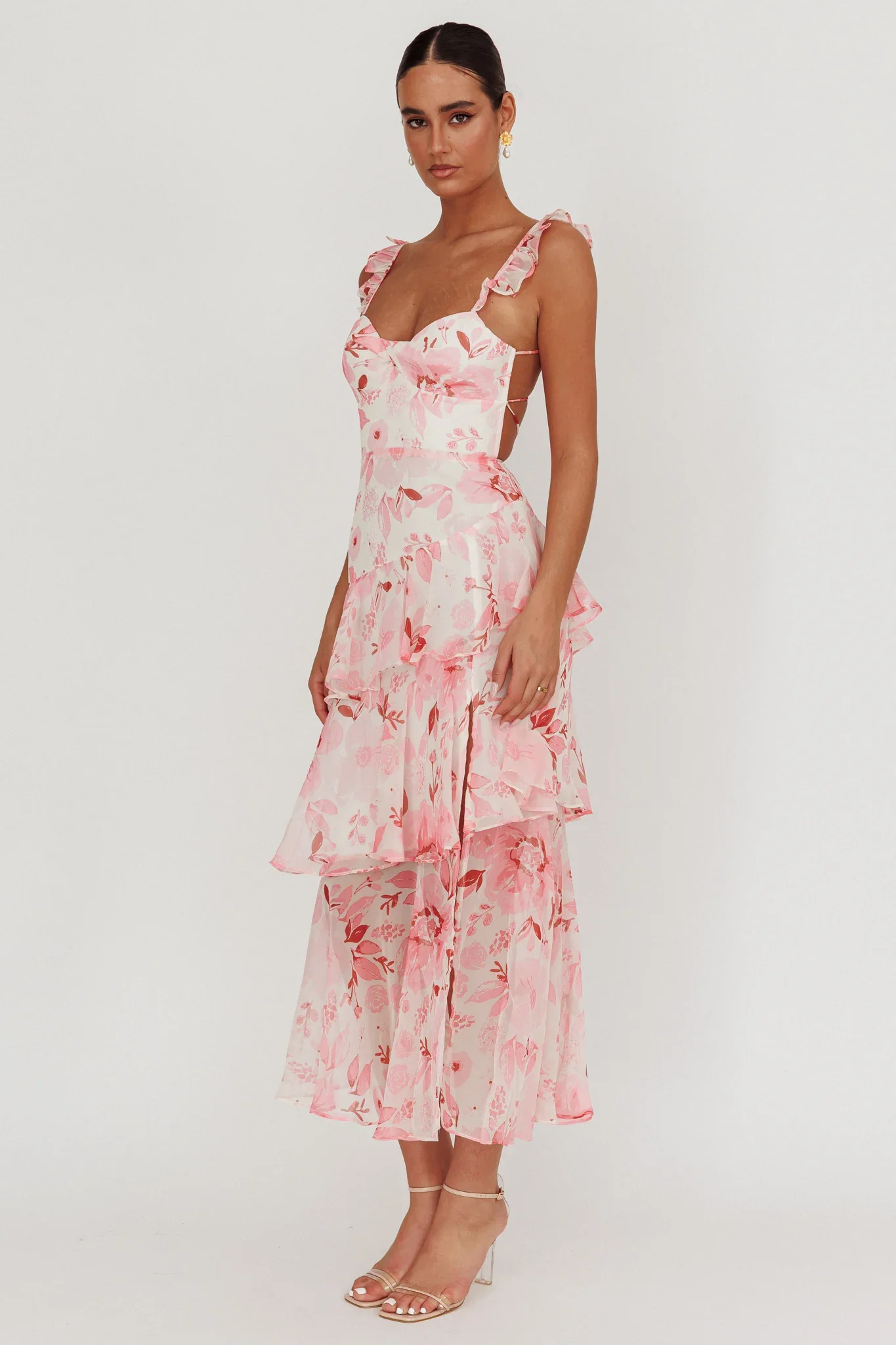 Veda Strappy Back Ruffle Maxi Dress Flowers Blush - luluinthesky
