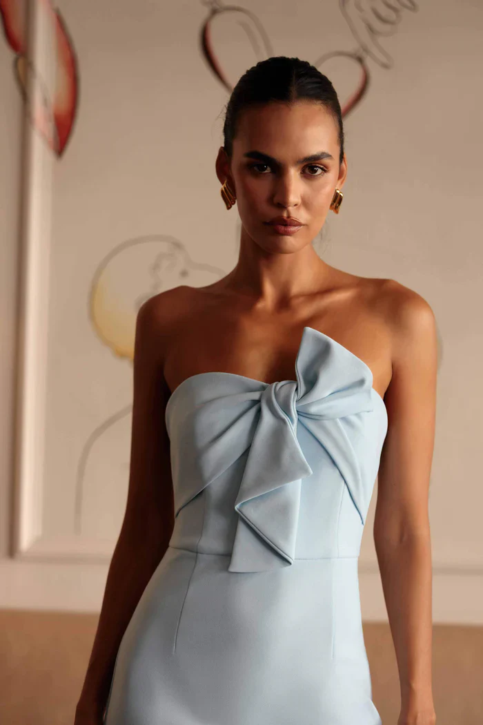 Ami Strapless Midi Dress in Blue - luluinthesky