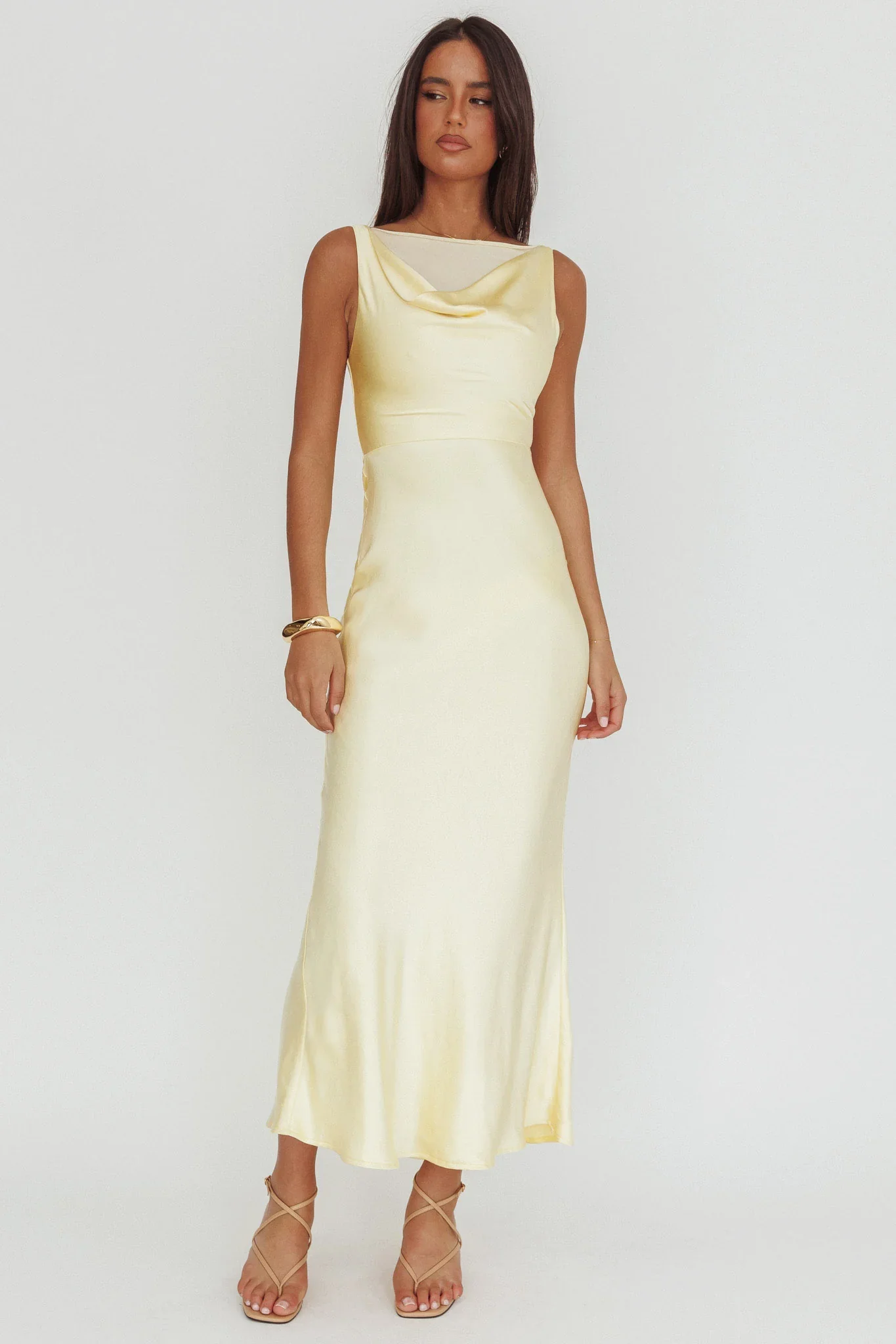 Venus Rising Sleeveless Cowl Neck Maxi Dress Butter - luluinthesky