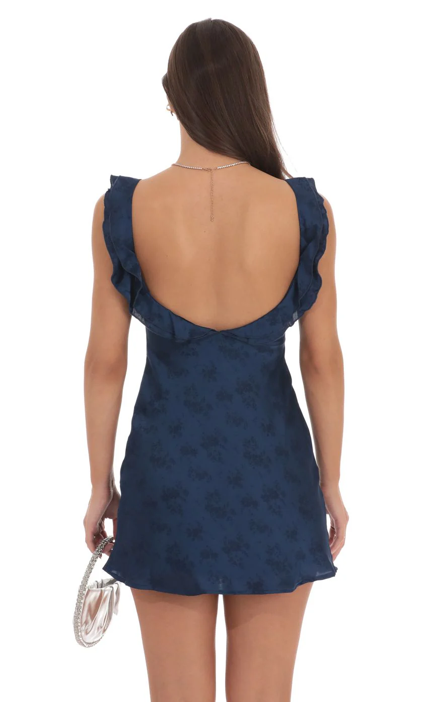 Satin Floral Open Back Slip Dress in Navy - luluinthesky