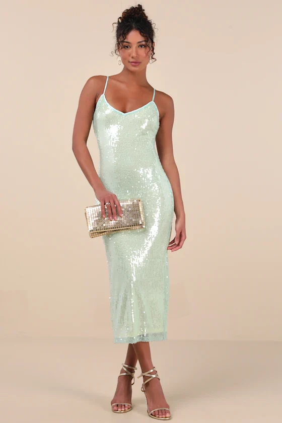Cahya Mint Green Sequin Tie-Back Midi Dress - luluinthesky
