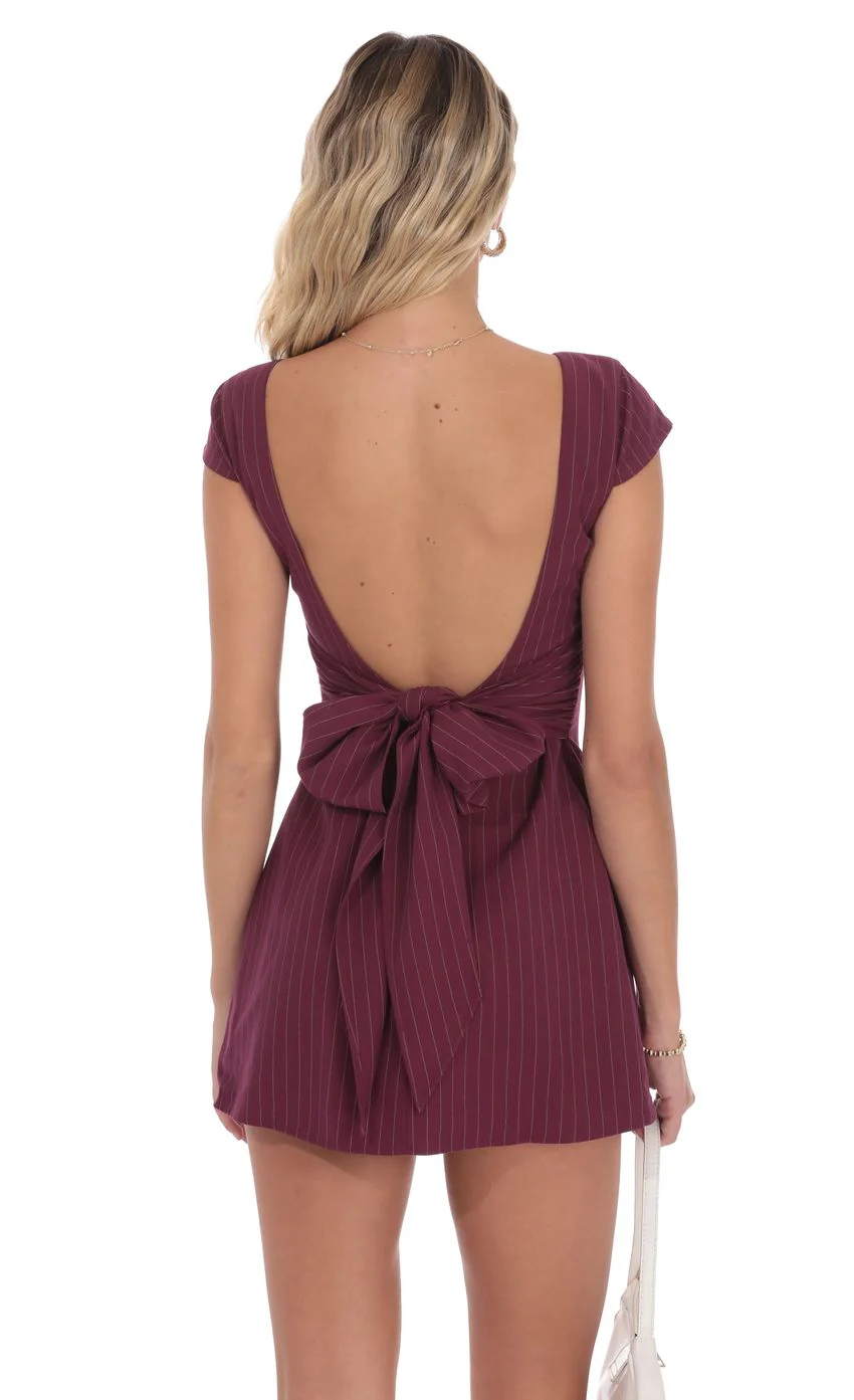 Pinstripe Back Bow Dress in Wine - luluinthesky