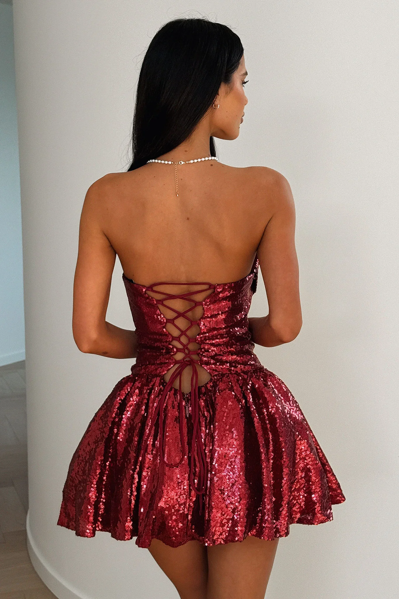 Ezrie Strapless Sequin Mini Dress - Burgundy - luluinthesky