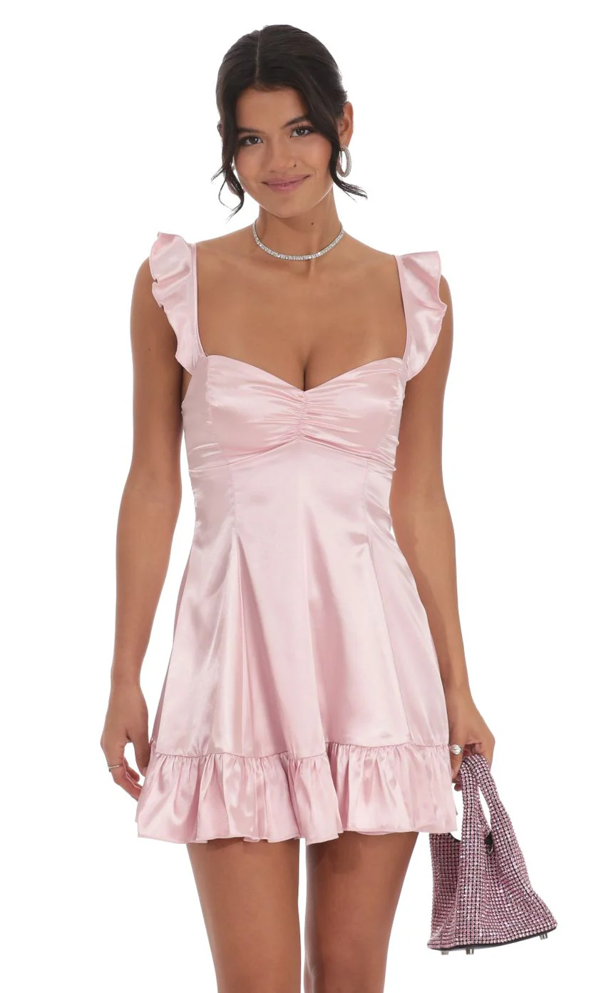 Satin Ruffle Fit and Flare Dress in Pink - luluinthesky