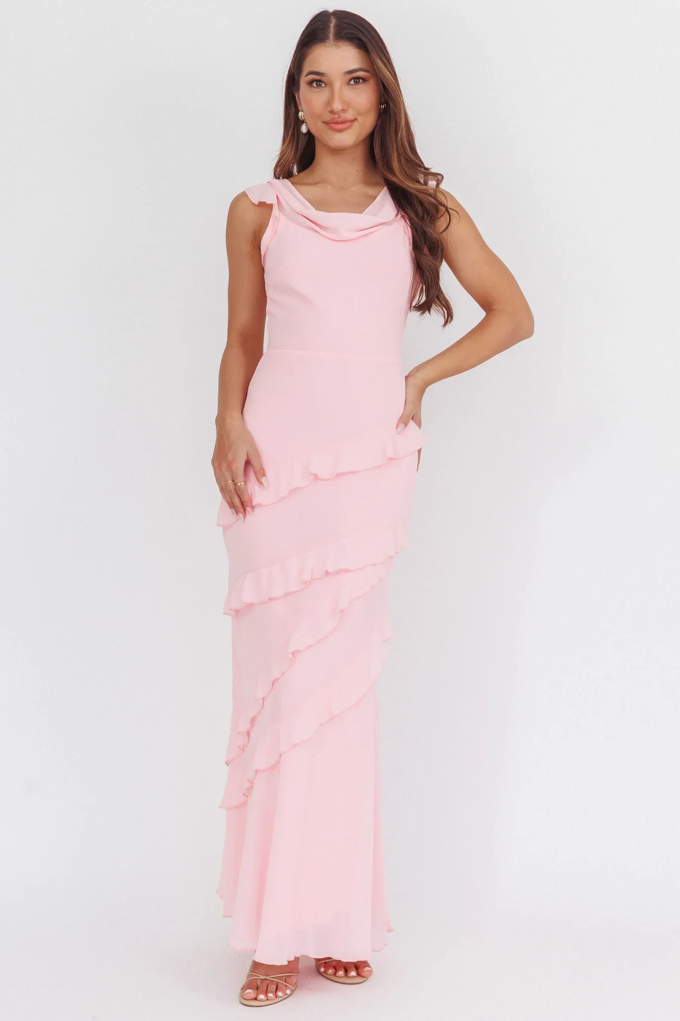 Sangria Cowl Neck Frill Maxi Dress Skin Powder - luluinthesky