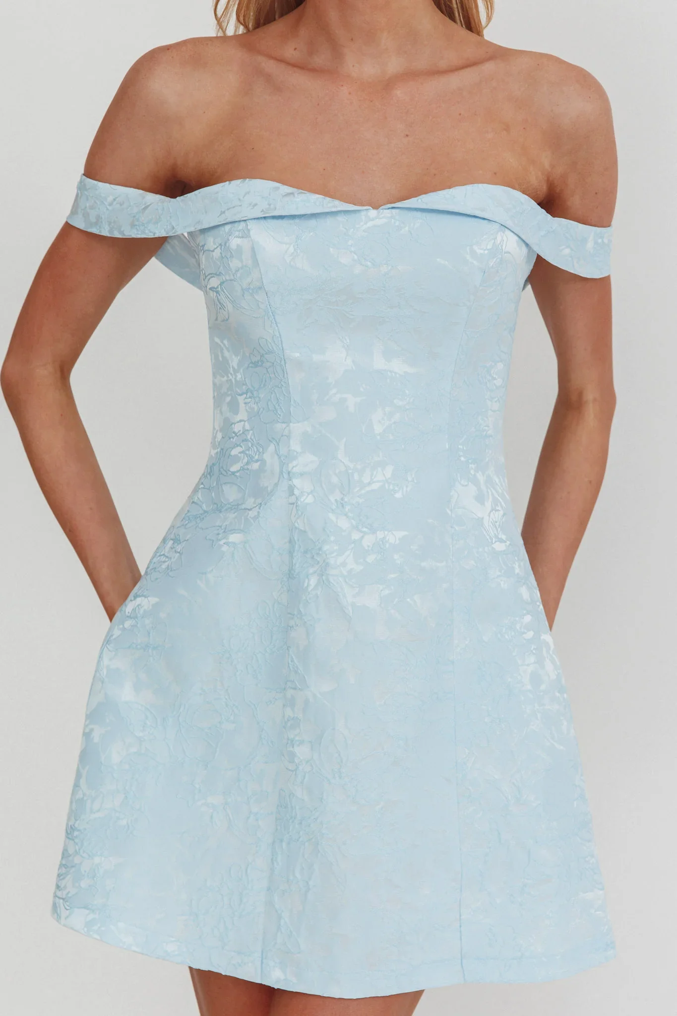 Mikado Off-Shoulder Foldover Mini Dress Jacquard Blue - luluinthesky