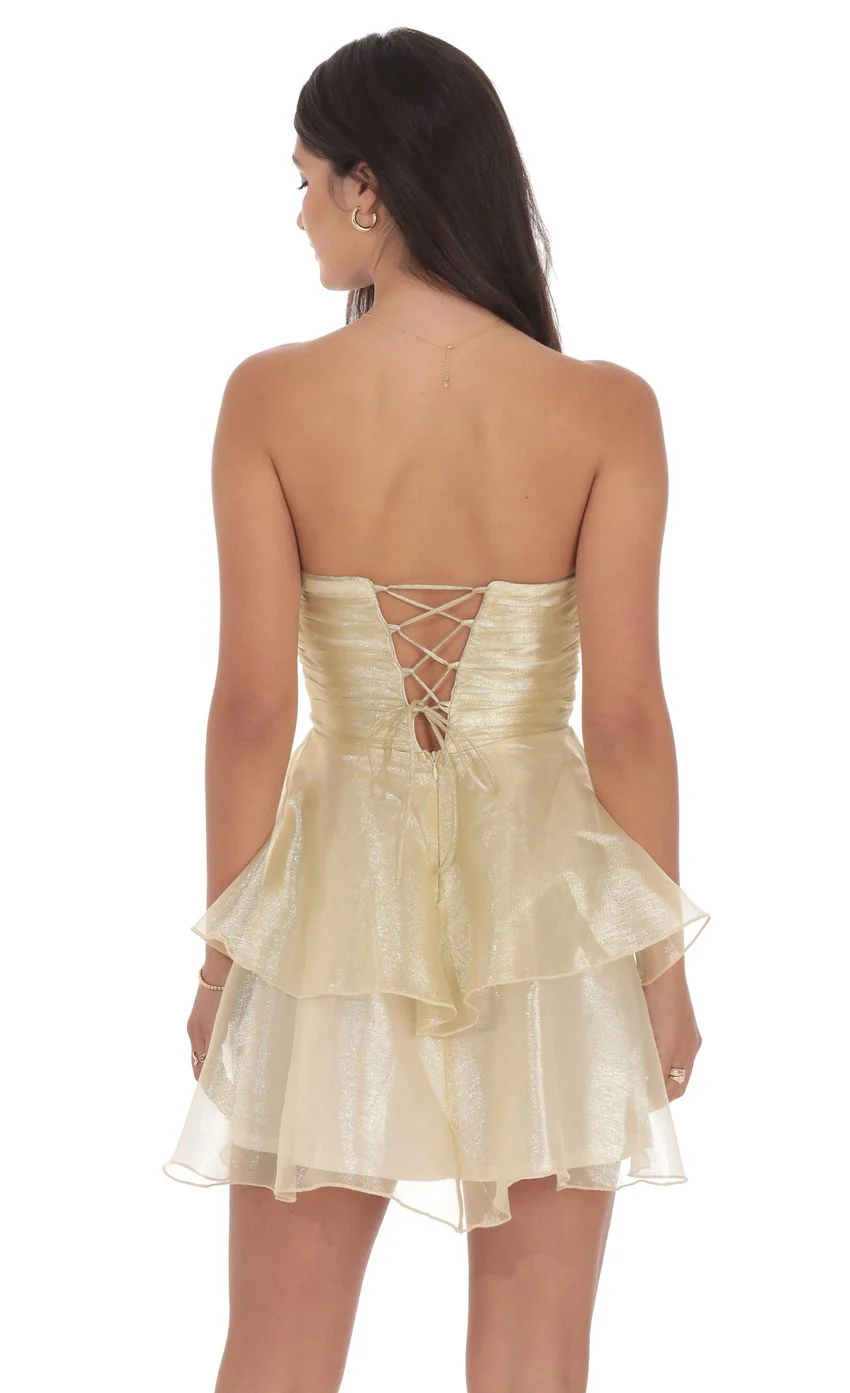 Petal Ruffle Strapless Dress in Gold - luluinthesky