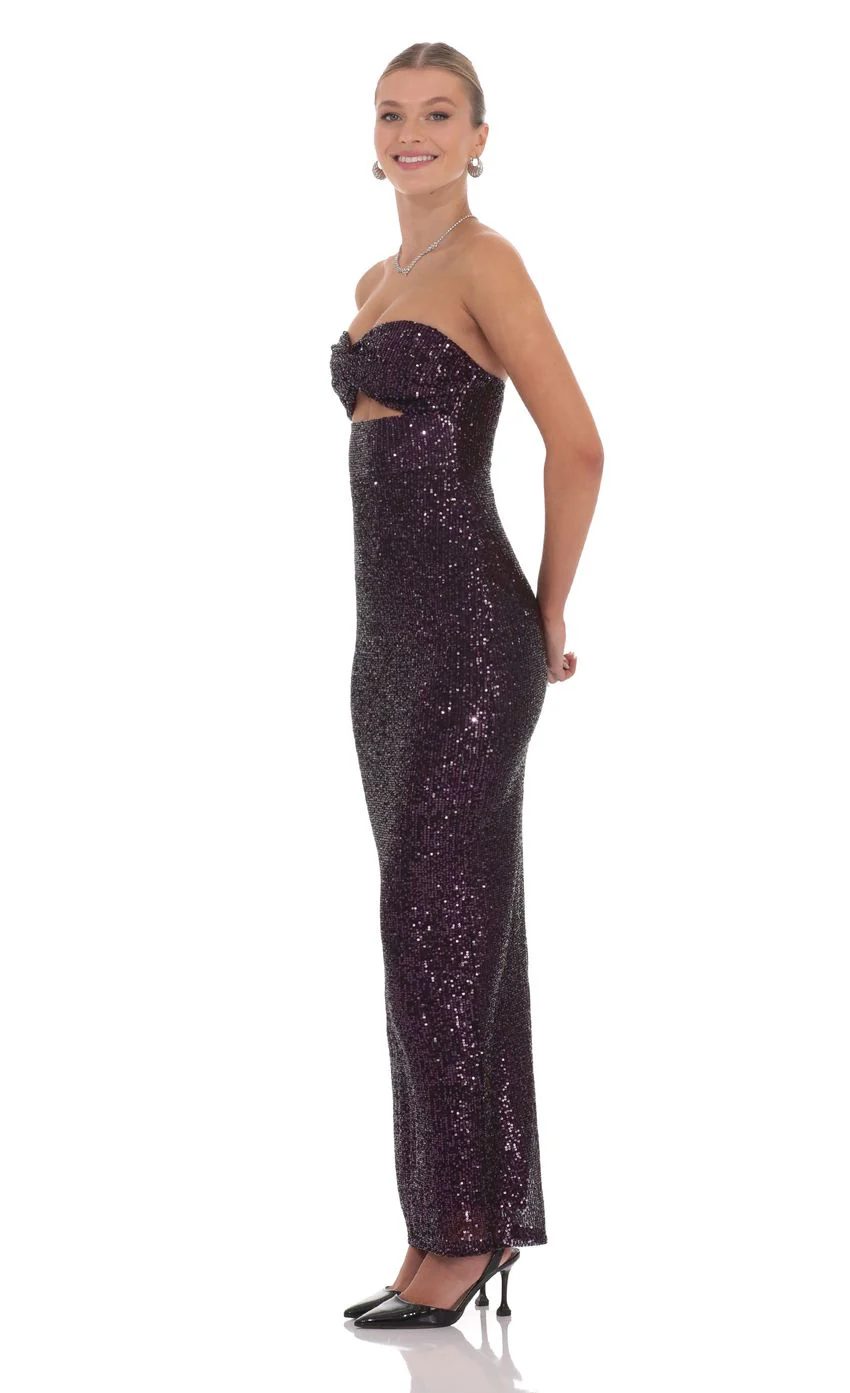 Sequin Cutout Maxi Dress in Dark Plum - luluinthesky
