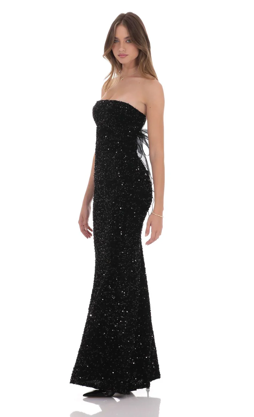 Velvet Sequin Strapless Maxi Dress in Black - luluinthesky