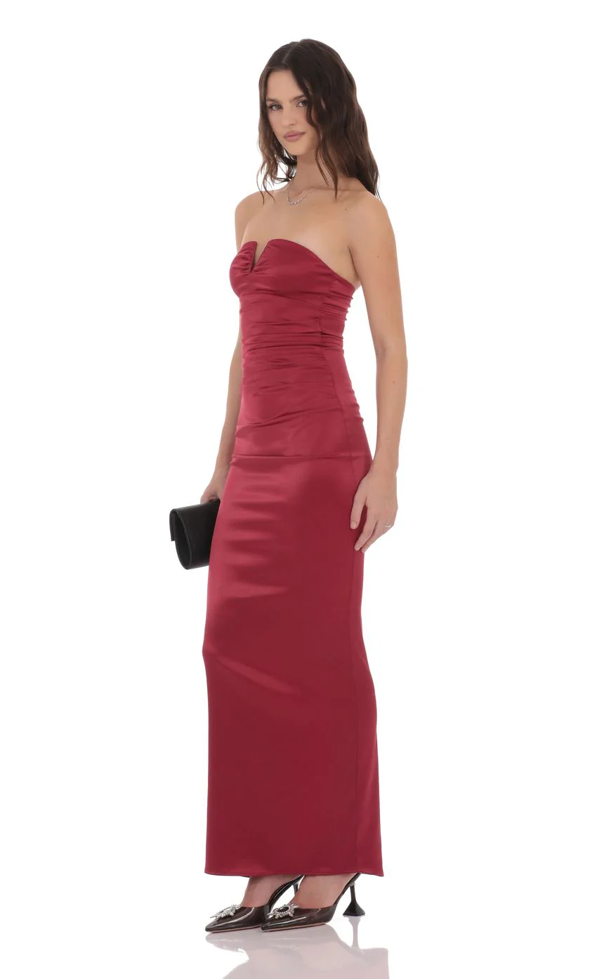 Satin V-Strapless Maxi Dress in Maroon - luluinthesky
