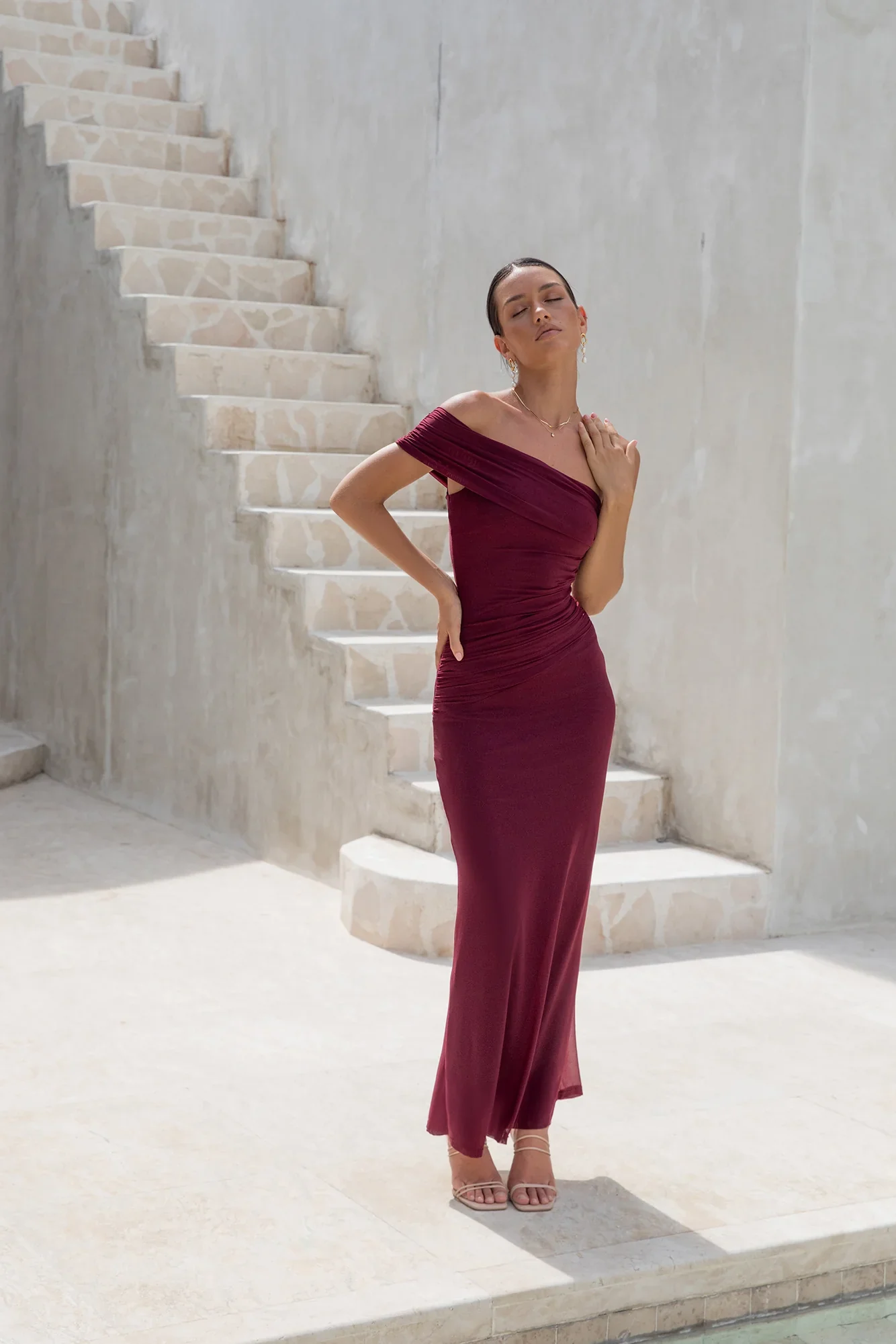 Dahlia One Shoulder Mesh Maxi Dress Maroon - luluinthesky