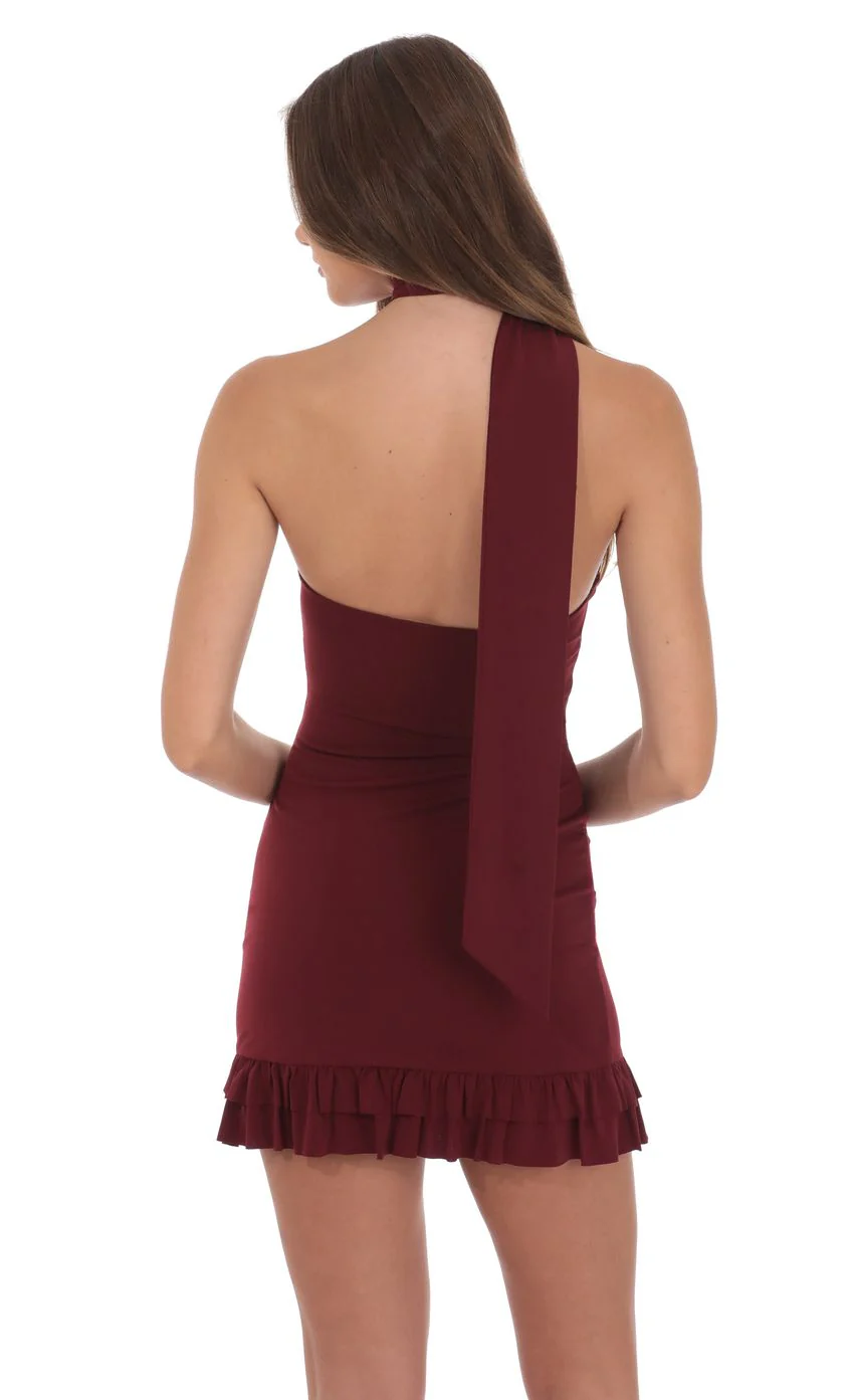 Scarf Halter Ruffle Dress in Burgundy - luluinthesky