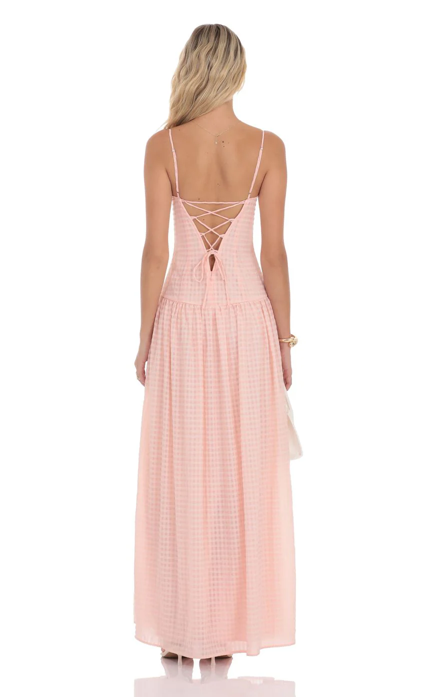 Plaid Drop Waist Maxi Dress in Pink - luluinthesky
