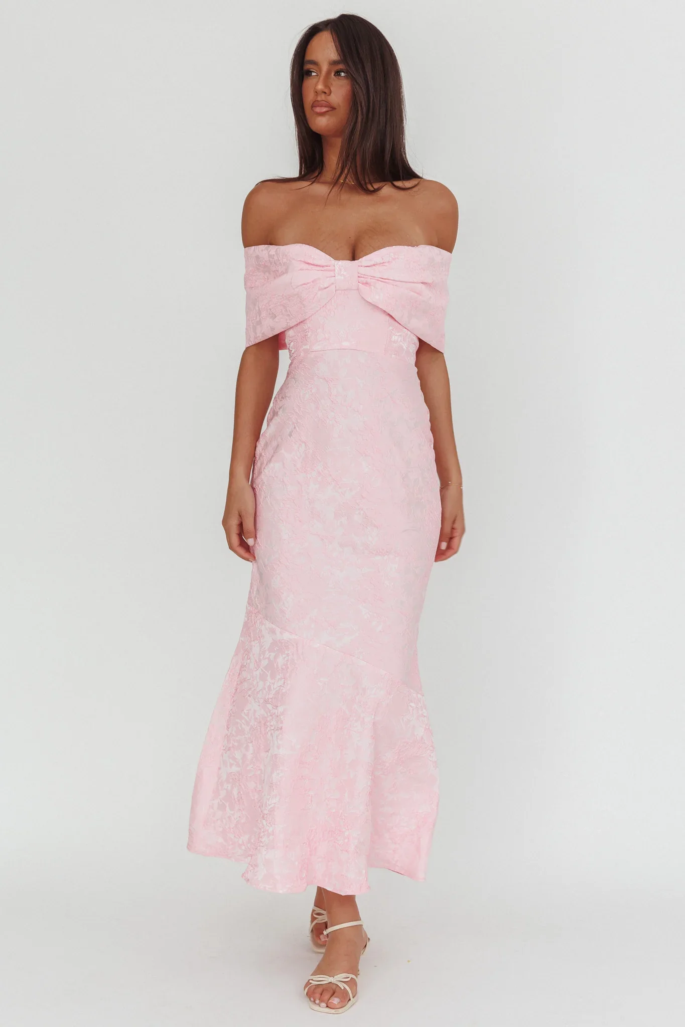 Fairytales Off-Shoulder Jacquard Maxi Dress Pink - luluinthesky