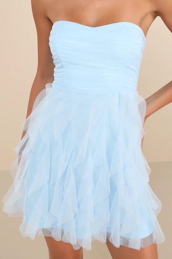 Delightful Beauty Light Blue Mesh Strapless Ruffled Mini Dress - luluinthesky