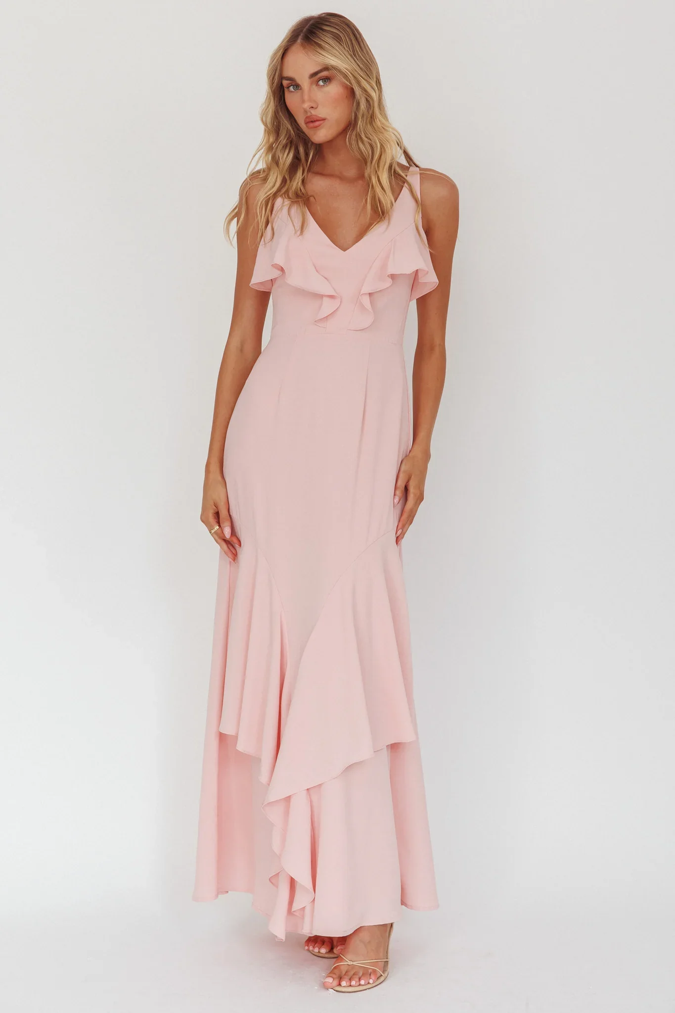 Firelights Ruffle Trim Maxi Dress Pink - luluinthesky