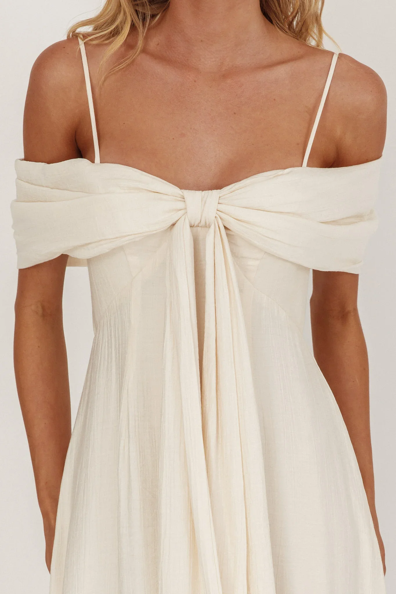 Lillibet Bow Tied Bust Midi Dress Cream - luluinthesky