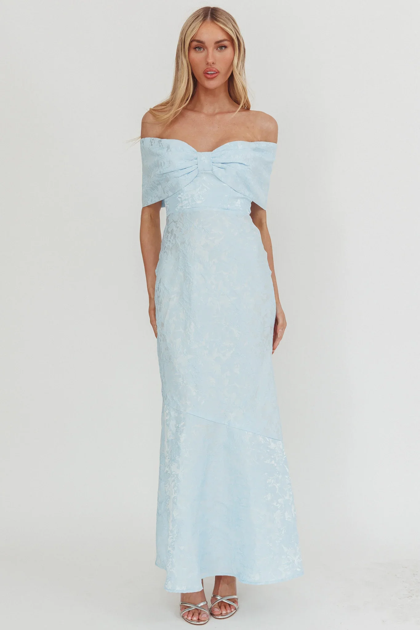 Fairytales Off-Shoulder Jacquard Maxi Dress Blue - luluinthesky