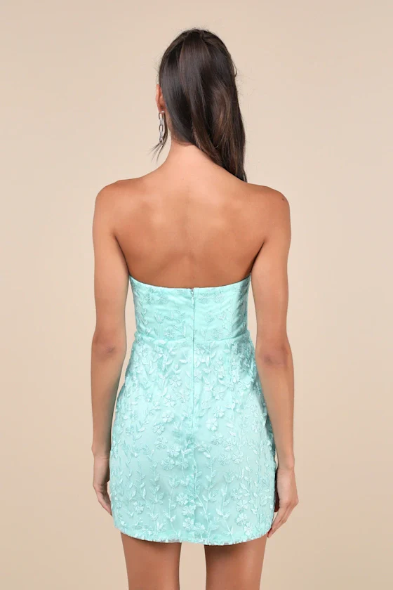 Exquisite Sensation Teal Floral Embroidered Strapless Mini Dress Lulus - luluinthesky