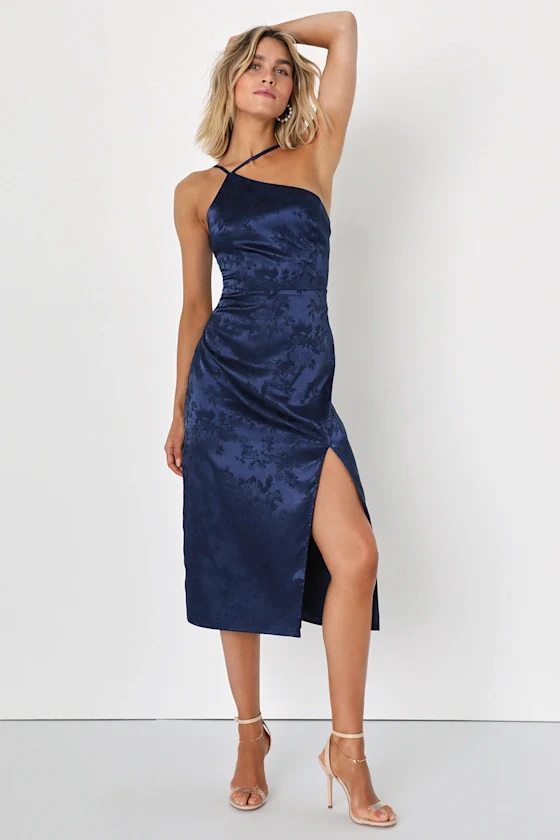 Desirable Dream Navy Blue Satin Jacquard Halter Neck Midi Dress - luluinthesky