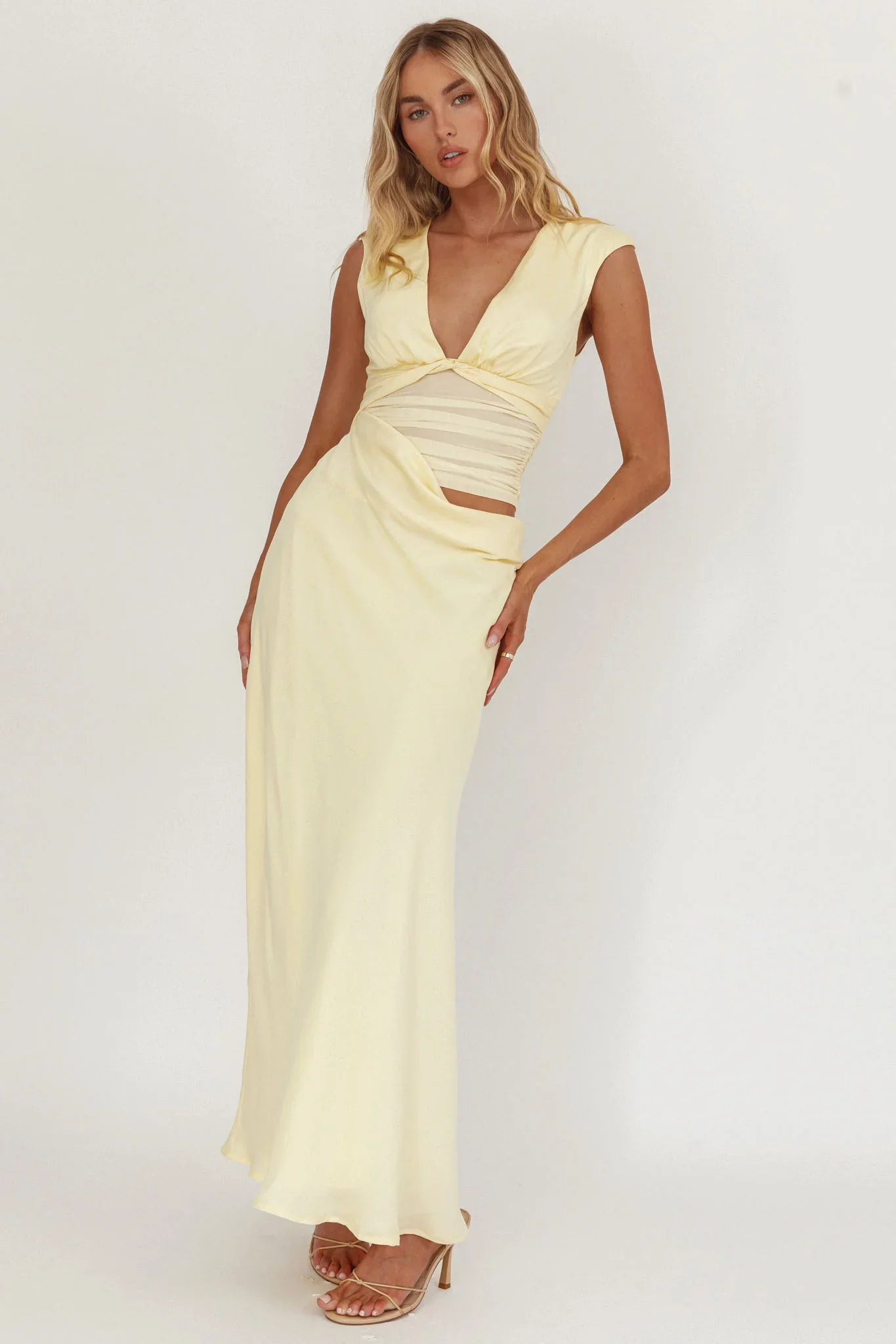 Sun Gaze Sheer Ruched Waist Maxi Dress Butter - luluinthesky